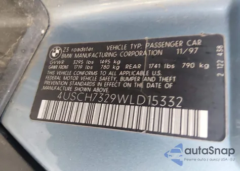 1998 BMW Z3 1.9 z USA, uszkodzony, nr VIN 4USCH7329WLD15332